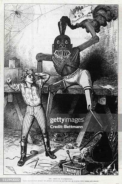 Ca. 1880s-"The American Frankenstein" a cartoon of the railroad monopoly as a monstrous railroad robot holding the US Constitution. Uncle Sam, shown...