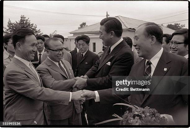 Panmunjom, Korea-South Korean chief Red Cross delegate Lee Bum-Suk shakes hands with his North Korean counterpart, Kim Tae-Hui, upon his arrival at...