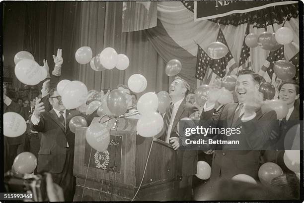 New York, NY-: The new senatorial representative of New York State, James L. Buckley, greets the mass of his supporters at the Waldorf Hotel after...