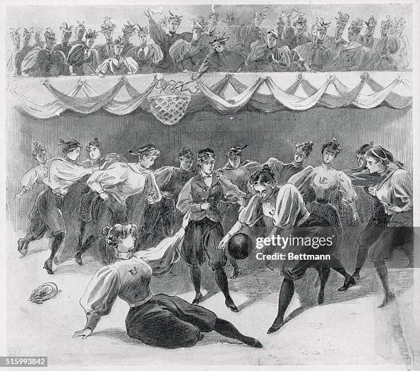 College girls play basketball match game between students of Stanford University and the university of California. Drawn by E. J. Meeken.