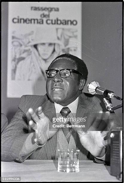 Rome, Italy- Black Rhodesian guerrilla leader Robert Mugabe addresses a news conference in Rome 2/11. Mugabe said his Patriotic Front is not willing...