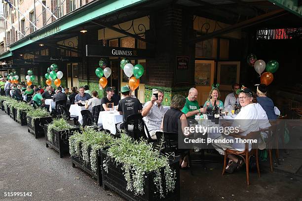 Patrons celebrate St Patrick's Day at the Mercantile Hotel Irish pub on March 17, 2016 in Sydney, Australia. March 17th commemorates Saint Patrick...