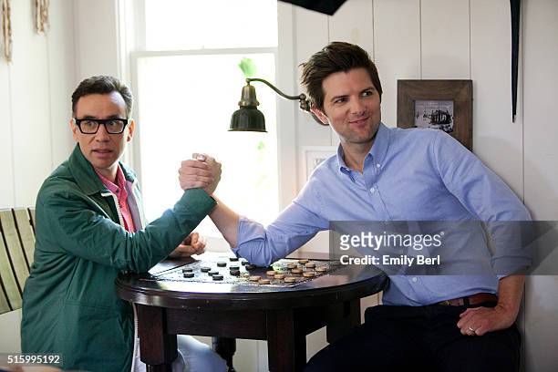 Adam Scott and Fred Armisen are photographed behind the scenes of the The Hollywood Reporter Comedy Actor Emmy Roundtable at the Bungalow at the...