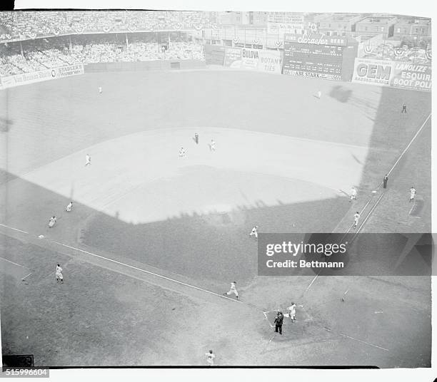 Brooklyn, New York- This is a general view at Ebbets Field in the third inning of the fifth World Series game, as Gerry Coleman of the New York...