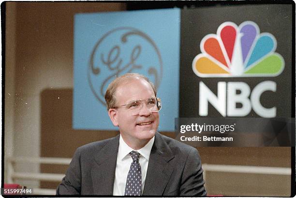 New York, NY-: Robert C. Wright, who was named president and chief executive of NBC, at a news conference, fields questions following the...