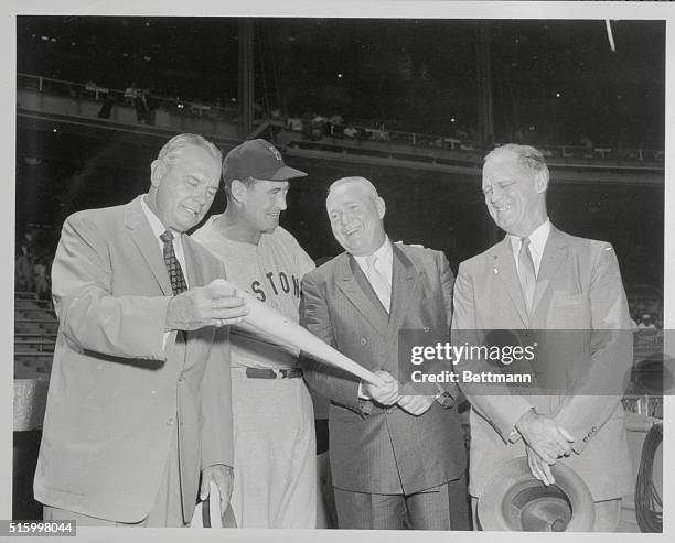 This is an "Old Timer's Day" at Yankee Stadium with Bill Terry, Ted Williams, Rogers Hornsby and George Sisler. The present Manager of the Old Timers...