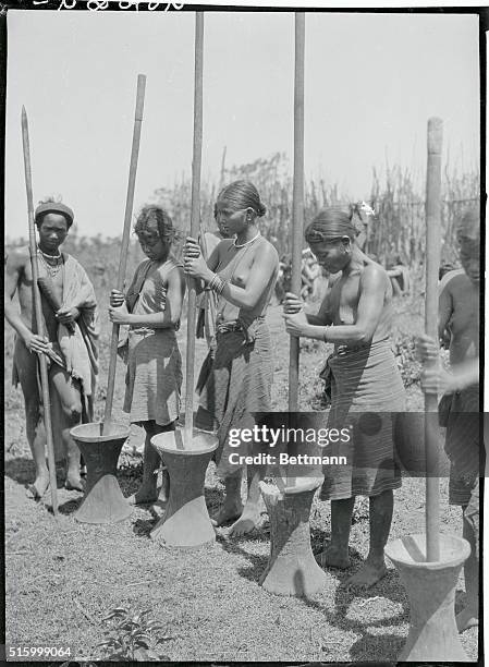 Indo China: The Moi Tribe. The wives of the Moi King prepare the rice for the Feast of Sacrifice.