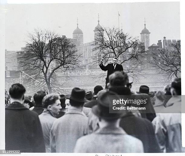 London, England: With the approach of the Feb. 23 general election, political street meetings are seen frequently all over England. Above, a...