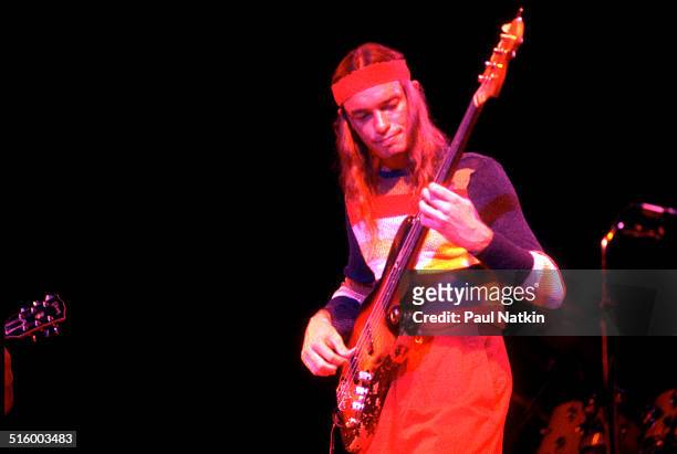 American jazz musician Jaco Pastorius plays guitar as he performs onstage, Chicago, Illinois, June 21, 1988.