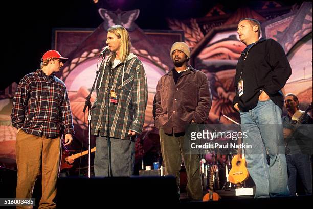 American band Hootie and the Blowfish on the stage at Farm Aid, Columbia, South Carolina, October 12, 1996. Pictured are, from left, Mark Bryan, Jim...