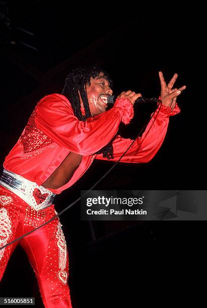 American musician Rick James performs onstage at an unidentified venue, Chicago, Illinois, September 17, 1982.