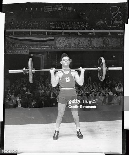 Raymond Suvigny, of France, who won the weight lifting event for the featherweight class at the Los Angeles Olympics.