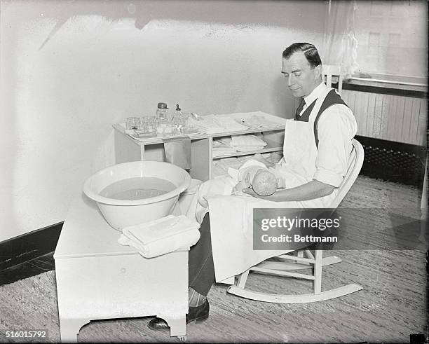 Maternity Center, 1 East 57th Street, conducts individual classes for father who would learn the correct way of bathing their babies. The classes,...