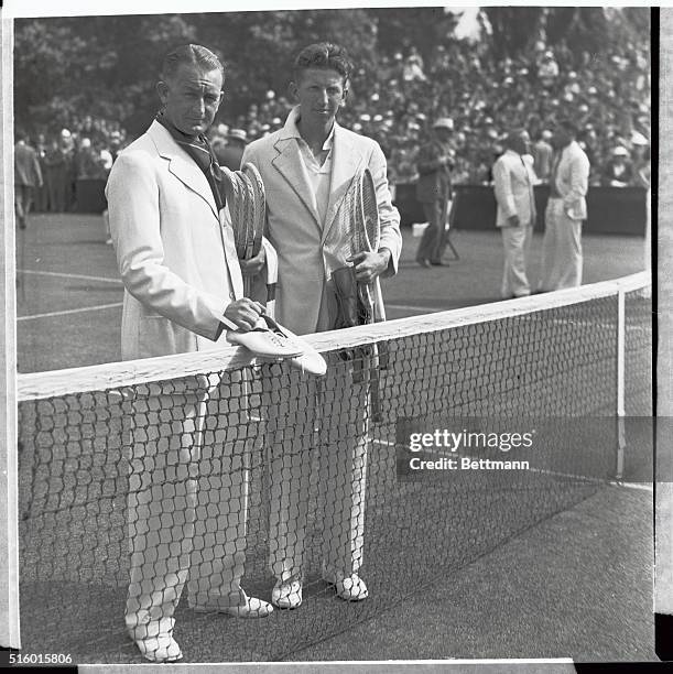 Jack Crawford , of Australia, former Wimbledon champion, and Donald Budge, of California , just before their match in the opening play of the North...