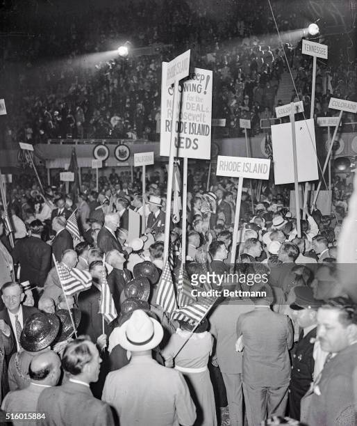 Demonstrating for Keynote Speech. The delegates to the Democratic National Convention, in Convention Hall, Philadelphia, shown as they staged a...