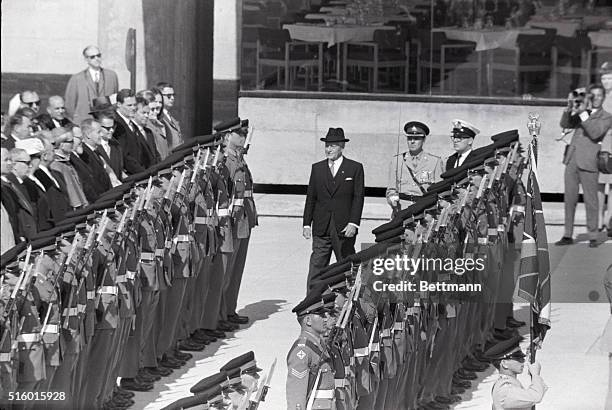 Montreal:Canada's newly appointed Governor General Roland Michener inspects the Guard of Honor during inauguration ceremonies in "Places des Nations"...