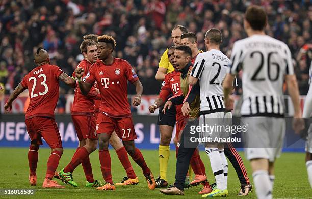 Players of Bayern Munich celebrate scoring a goal during the UEFA Champions League round of 16 second leg soccer match between Bayern Munich and...