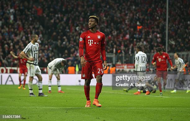 Kingsley Coman of Bayern Muenchen celebrates his goal during the Champions League round of 16 second leg match between FC Bayern Muenchen and...
