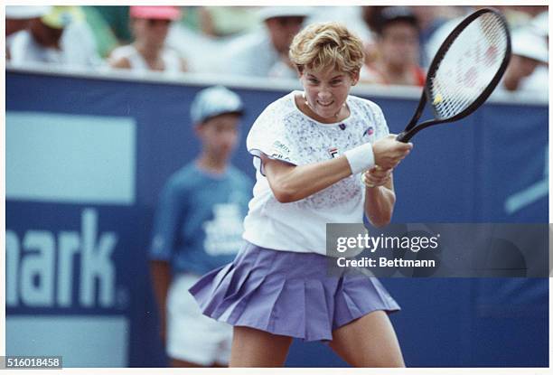 With a look of intensity on her face, Monica Seles returns a shot in a tennis match against Jennifer Capriati at the Pathmark Classic in Mahwah, New...