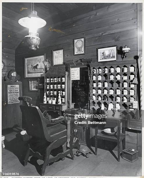 Northampton, MA: Country barber shop of 1878, at Wiggins Old Tavern, Northampton, MA. Photograph.