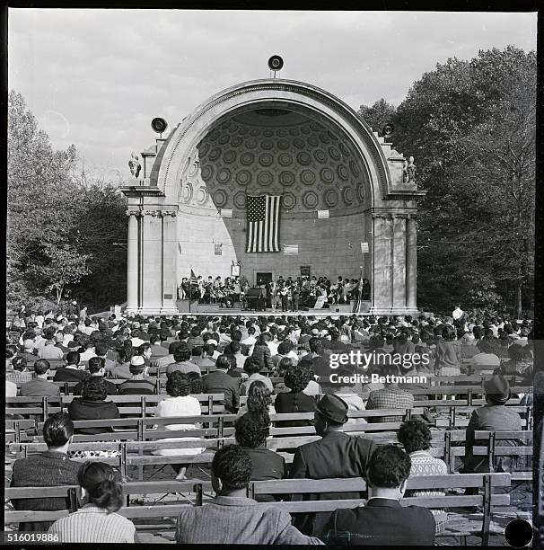 New York, NY: 45th Anniversary of the granting of U. S. Citizenship to Puerto Rico. Central Park mall. Photo shows general view with entertainers on...