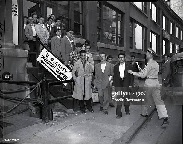 New York, NY: General scene of group of 43 inductees and 4 enlistees leaving 20 Pearl Street for Fort Devens, MA.