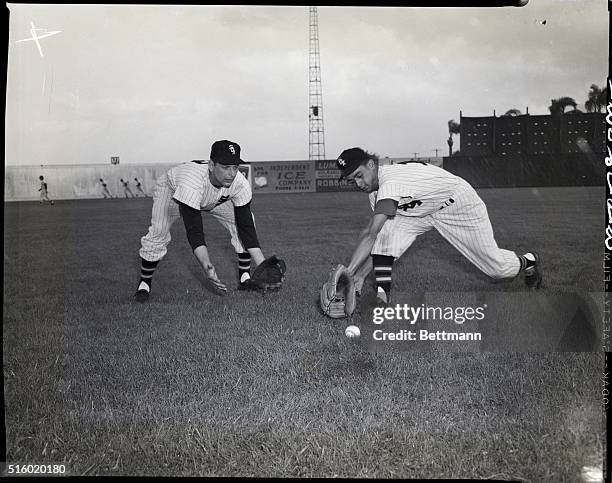 Luis Aparicio fields one as Jim Brideweser backs him up. Both are White Sox infielders.