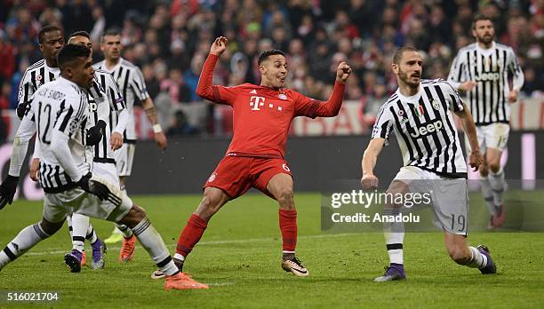 Thiago of Bayern Munich scores during the UEFA Champions League round of 16 second leg soccer match between Bayern Munich and Juventus Turin at the...