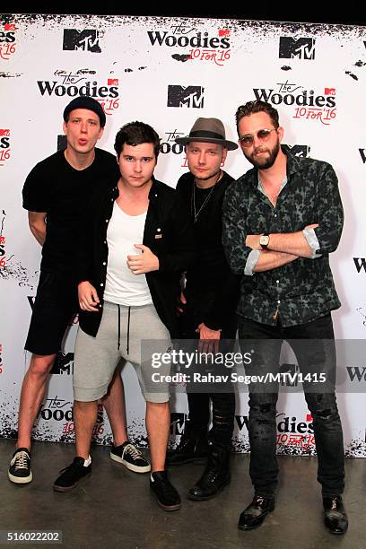 Musicians Magnus "Magnum" Larsson, Lukas Graham Forchhammer, Mark "Lovestick" Falgren and Kasper Daugaard of Lukas Graham attend the 2016 MTV...