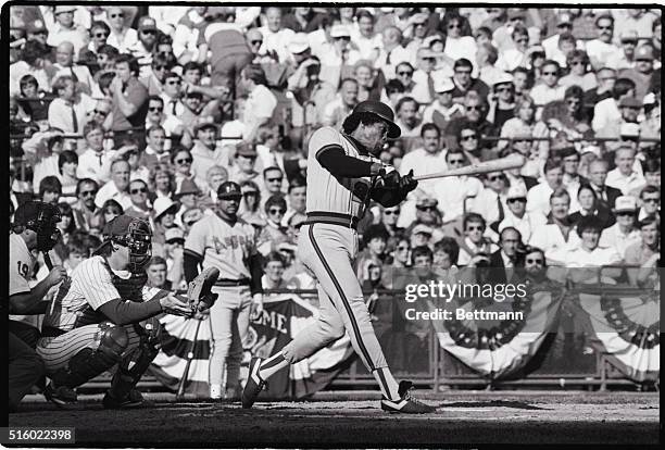 Rod Carew, California Angels, batting against the Milwaukee Brewers in the American League playoffs.