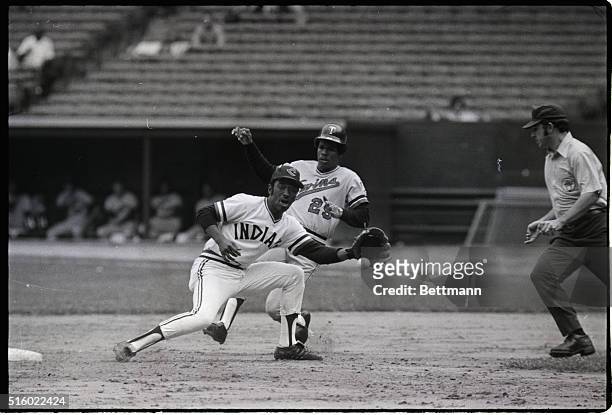Cleveland, OH: Rod Carew of the Minnesota Twins slides into second base, ahead of the throw, with a double in the fifth inning action of the game....