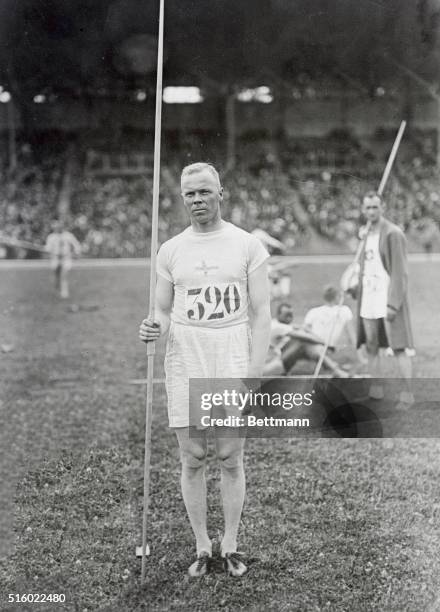 Paris, France: Olympic athletes at Colombes Stadium. Photo shows Myrra, Finland, winner of the javelin throw.