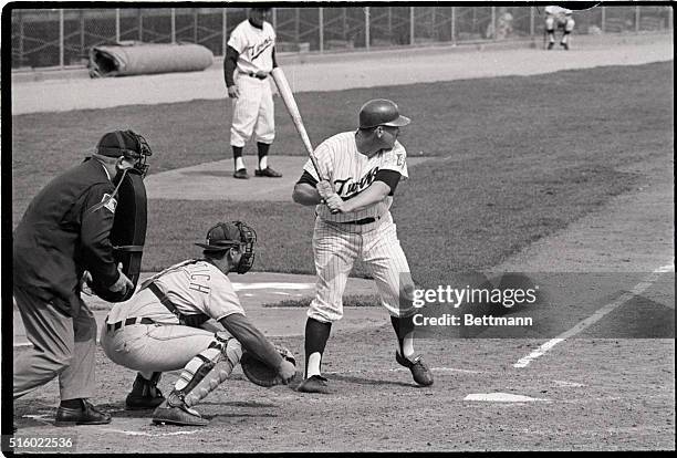 Minnesota Twins' Harmon Killebrew batting in a game against the Chicago White Sox. Sox catcher is Don Pavletich.