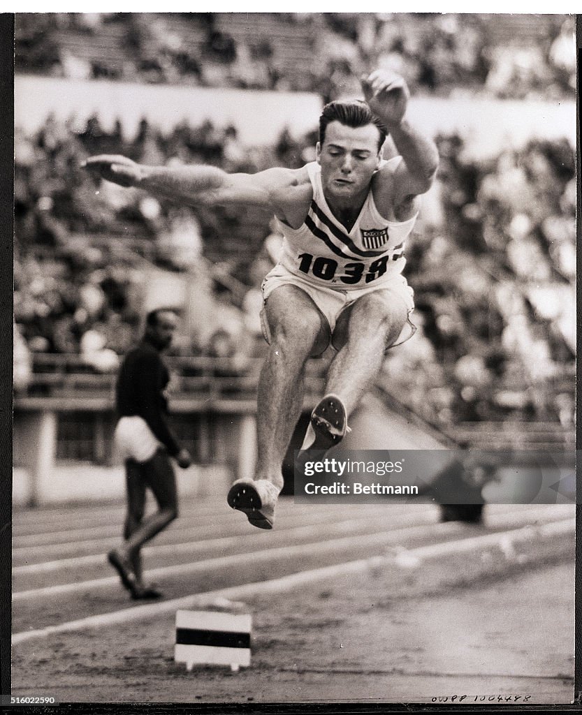 Bob Mathius Picture shows American athlete, Bob Mathias, in the Broad jump event ...