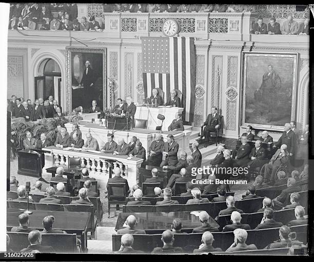 General scene as President Roosevelt delivered his message to a join session of House and Senate in Washington, D.C. The Chief Executive asked for...
