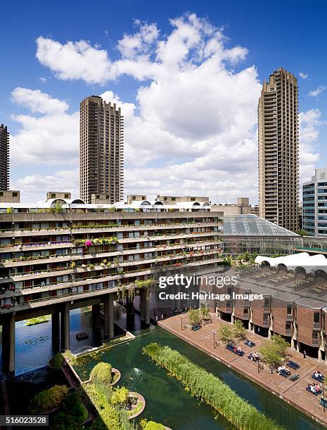 The Barbican Centre, London, 2010. View of the brutalist architecture of the Barbican and the flats that surround the centre. The Barbican Centre is...