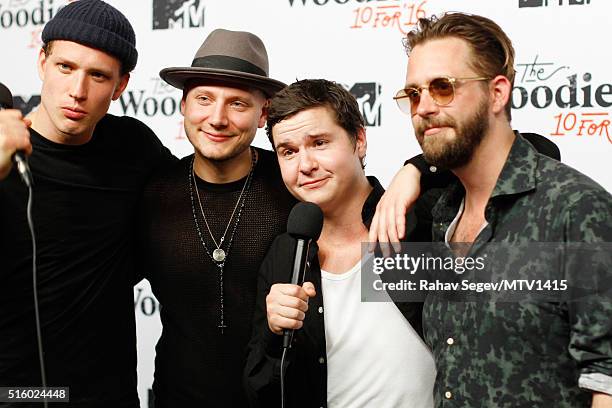 Musicians Magnus "Magnum" Larsson, Mark "Lovestick" Falgren, Lukas Graham Forchhammer and Kasper Daugaard of Lukas Graham attend the 2016 MTV...