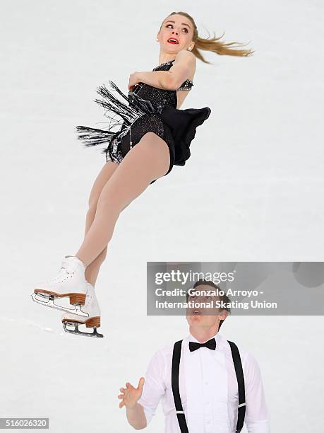 Bryn Hoffman and Bryce Chudak from Canada skate during the pair's short program of the ISU World Junior Figure Skating Championships 2016 at The...