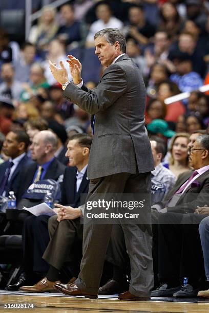 Head coach Randy Wittman of the Washington Wizards looks on in the first half against the Chicago Bulls at Verizon Center on March 16, 2016 in...