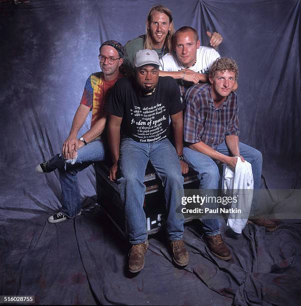 Portrait of American band Hootie and the Blowfish as they pose at Farm Aid, Louisville, Kentucky, October 1, 1995. Pictured are, clockwise from left,...