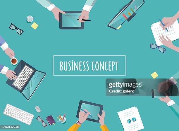 teamwork business concept on table in flat style - business meeting stock illustrations