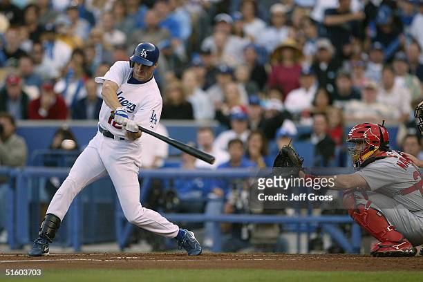 Outfielder Steve Finley of the Los Angeles Dodgers takes a swing during the National League Division Series with the St. Louis Cardinals, Game Four...