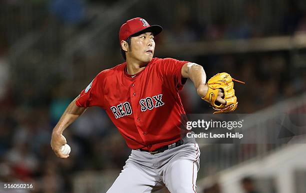 Koji Uehara of the Boston Red Sox pitches during the fifth inning of the Spring Training Game against the Minnesota Twins on March 16, 2016 at...