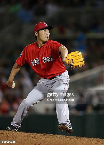 Koji Uehara of the Boston Red Sox pitches during the fifth inning of the Spring Training Game against the Minnesota Twins on March 16, 2016 at...