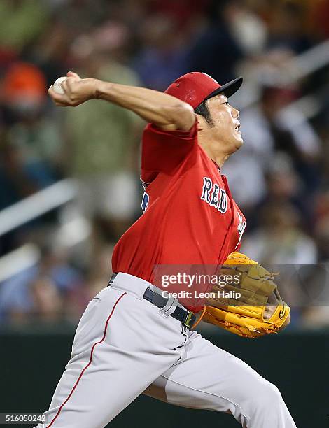 Koji Uehara of the Boston Red Sox pitches during the fifth inning of the Spring Training Game against the Minnesota Twins on March 16, 2016 at...