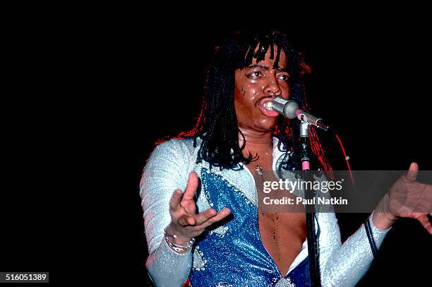 American musician Rick James performs onstage at the Auditorium Theater, Chicago, Illinois, March 31, 1979.