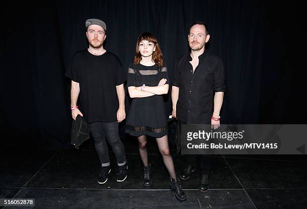 Recording artists Martin Doherty, Lauren Mayberry and Iain Cook of Chvrches are seen backstage at the 2016 MTV Woodies/10 For 16 on March 16, 2016 in...