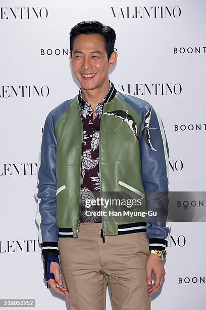 South Korean actor Lee Jung-Jae attends the photocall for "VALENTINO" Hawaiian Couture Capsule Collection at BoonTheShop on March 16, 2016 in Seoul,...