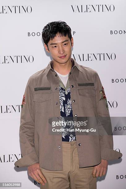 South Korean actor Lee Je-Hoon attends the photocall for "VALENTINO" Hawaiian Couture Capsule Collection at BoonTheShop on March 16, 2016 in Seoul,...