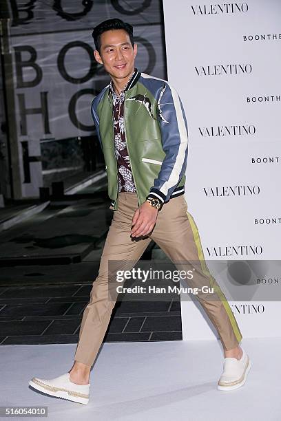 South Korean actor Lee Jung-Jae attends the photocall for "VALENTINO" Hawaiian Couture Capsule Collection at BoonTheShop on March 16, 2016 in Seoul,...